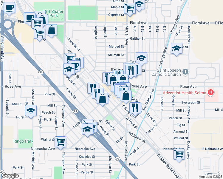 map of restaurants, bars, coffee shops, grocery stores, and more near 2012 East Front Street in Selma