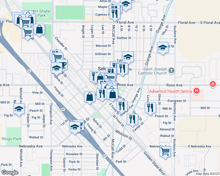 map of restaurants, bars, coffee shops, grocery stores, and more near 1958 High Street in Selma