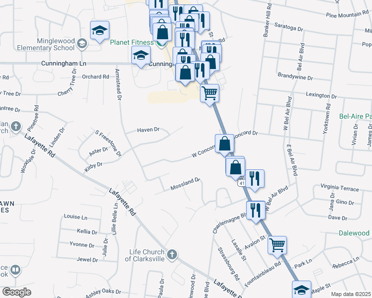 map of restaurants, bars, coffee shops, grocery stores, and more near 131 West Concord Drive in Clarksville