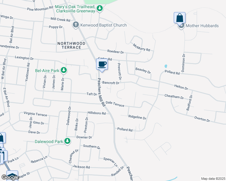 map of restaurants, bars, coffee shops, grocery stores, and more near 322 Bancroft Court in Clarksville