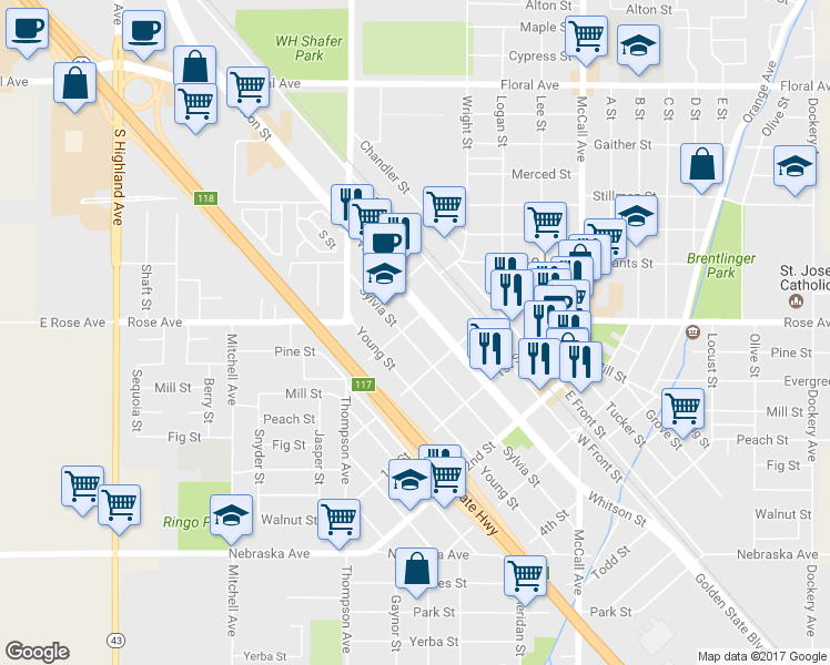 map of restaurants, bars, coffee shops, grocery stores, and more near 2136 Sylvia Street in Selma