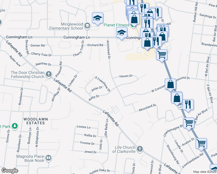 map of restaurants, bars, coffee shops, grocery stores, and more near 1502 South Freestone Drive in Clarksville