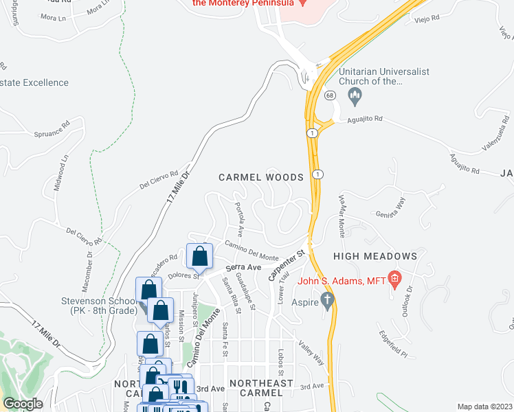 map of restaurants, bars, coffee shops, grocery stores, and more near 3248 San Luis Avenue in Carmel-by-the-Sea