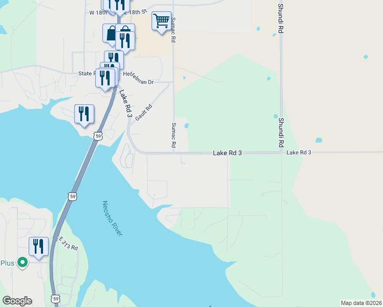 map of restaurants, bars, coffee shops, grocery stores, and more near 61169 East 310 Road in Grove