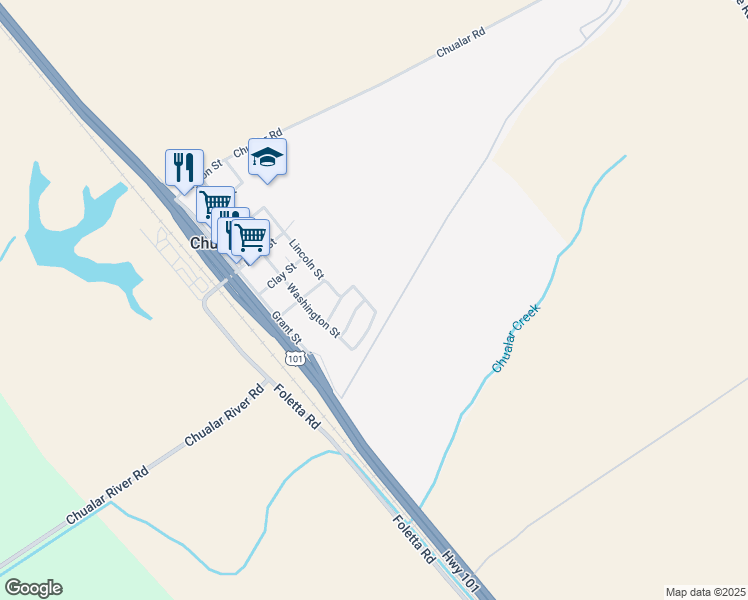 map of restaurants, bars, coffee shops, grocery stores, and more near 24601 Adams Street in Chualar