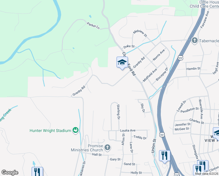 map of restaurants, bars, coffee shops, grocery stores, and more near 1711 Granby Road in Kingsport