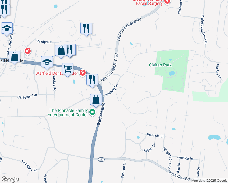 map of restaurants, bars, coffee shops, grocery stores, and more near 197 Roanoke Station Circle in Clarksville