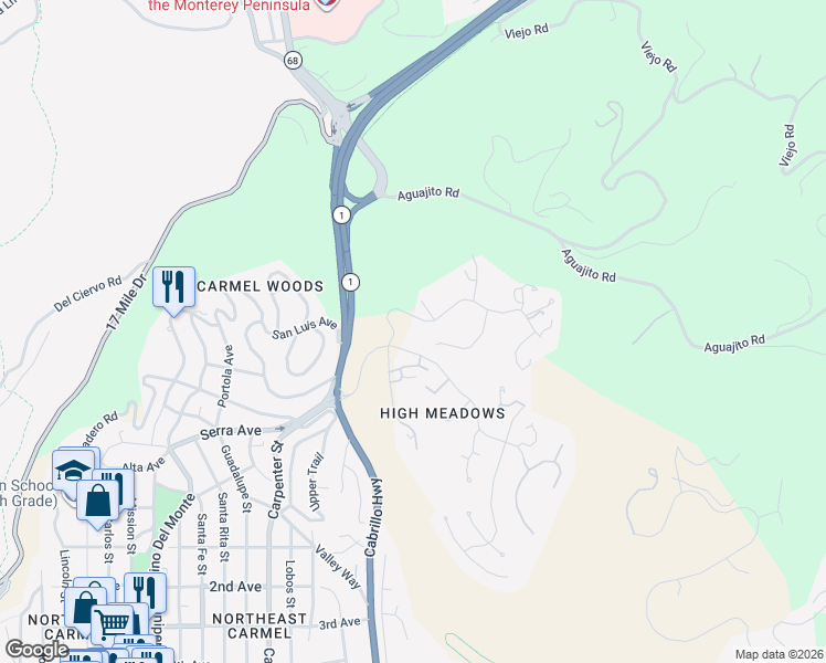 map of restaurants, bars, coffee shops, grocery stores, and more near 3600 Vía Mar Monte in Carmel-by-the-Sea