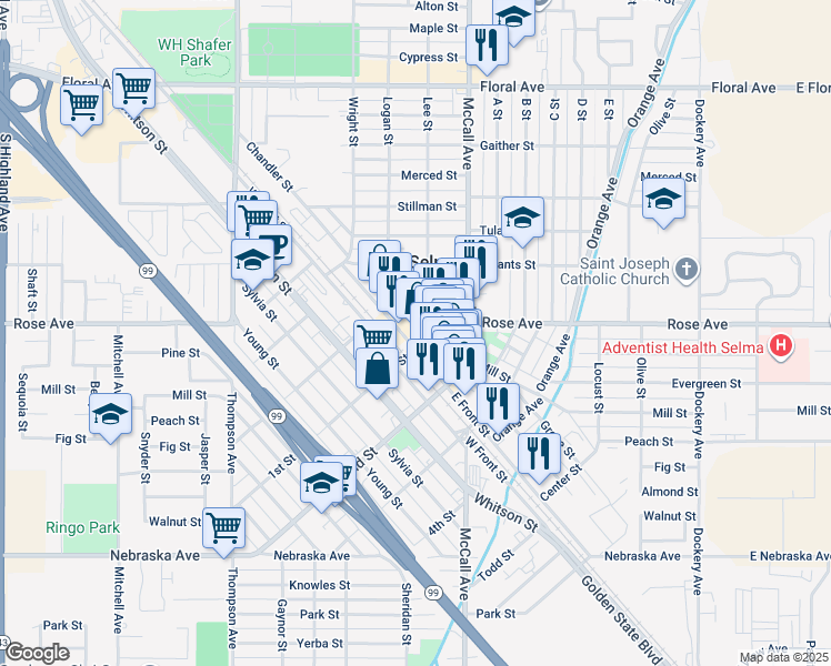 map of restaurants, bars, coffee shops, grocery stores, and more near 2012 East Front Street in Selma