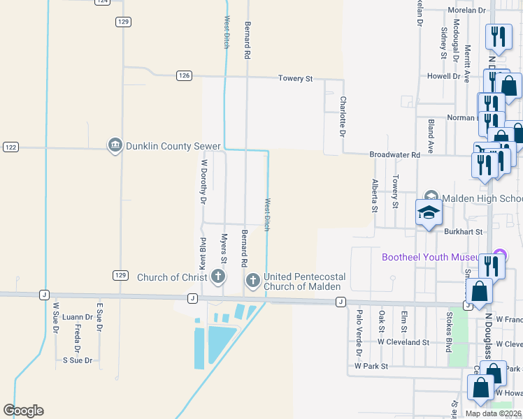 map of restaurants, bars, coffee shops, grocery stores, and more near 39797 James Ward Street in Malden
