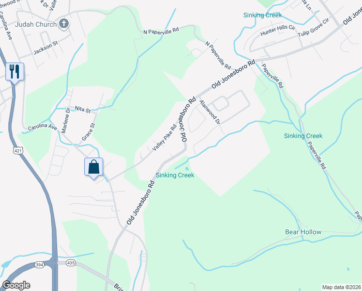 map of restaurants, bars, coffee shops, grocery stores, and more near 1277 Old Jonesboro Road in Bristol
