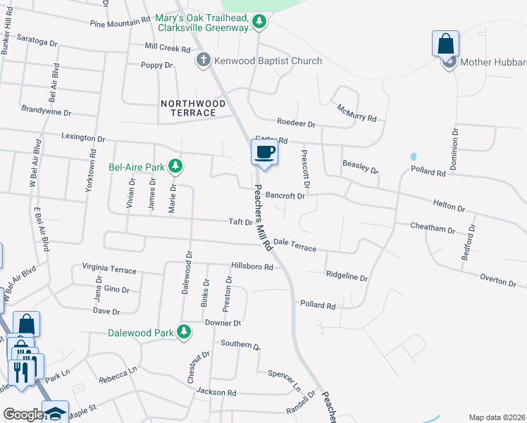 map of restaurants, bars, coffee shops, grocery stores, and more near 753 Peachers Mill Road in Clarksville