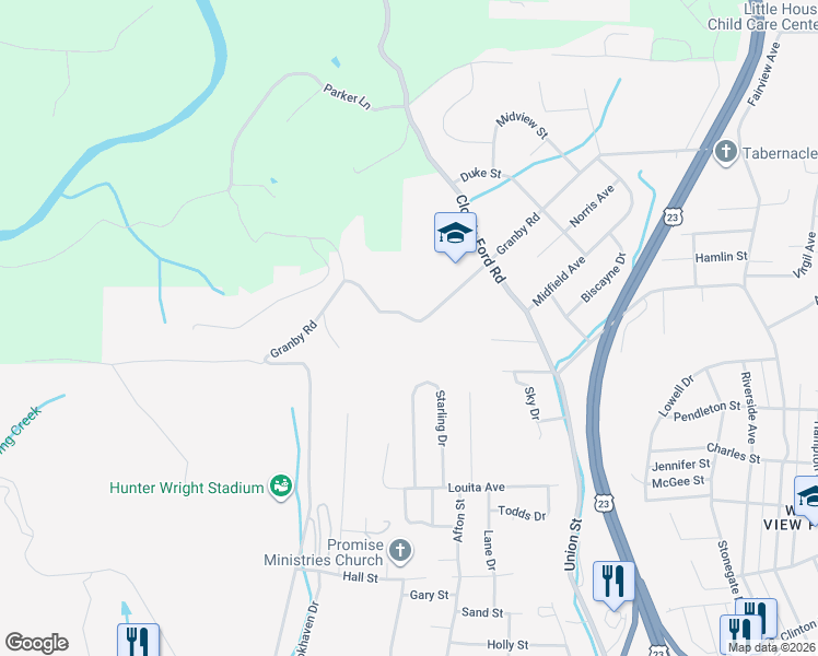 map of restaurants, bars, coffee shops, grocery stores, and more near 1711 Granby Rd in Kingsport