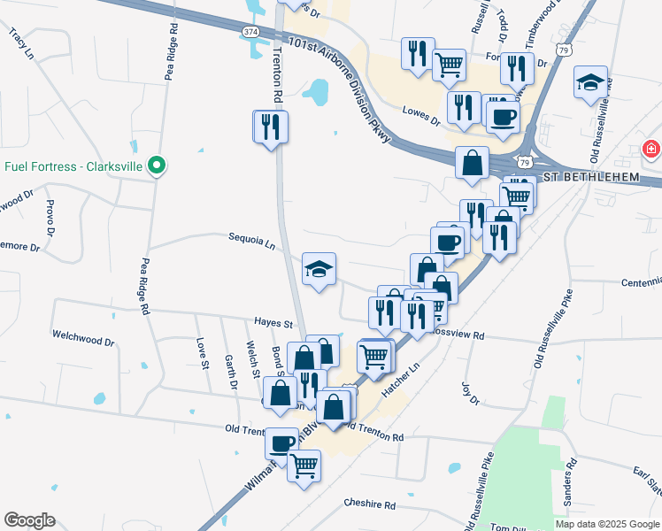 map of restaurants, bars, coffee shops, grocery stores, and more near 230 Fairview Lane in Clarksville
