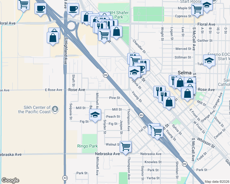 map of restaurants, bars, coffee shops, grocery stores, and more near 2383 Mason Street in Selma