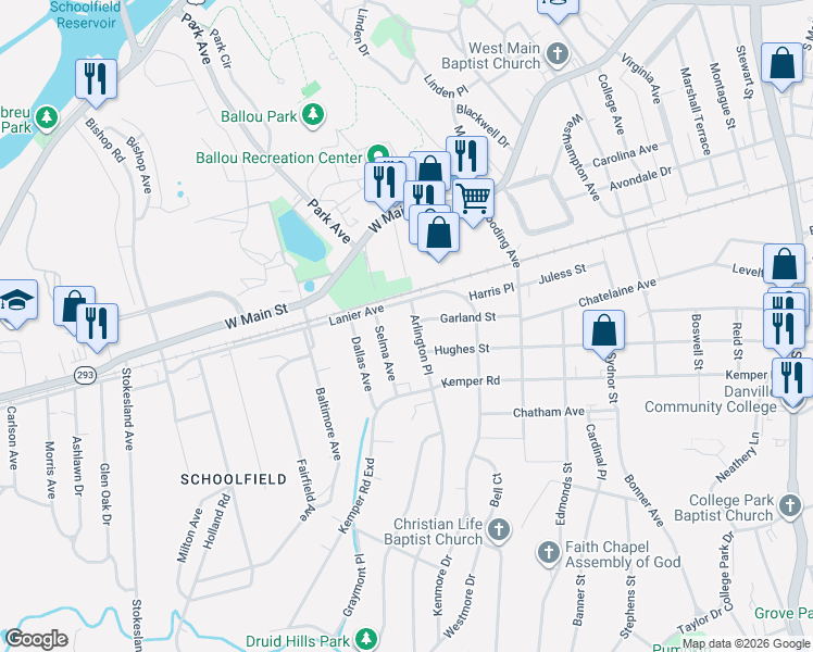 map of restaurants, bars, coffee shops, grocery stores, and more near 206 Arlington Place in Danville