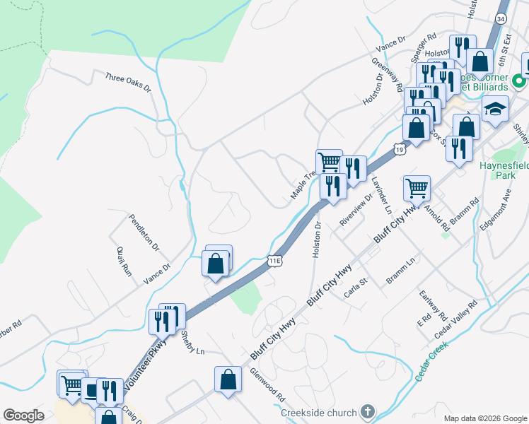 map of restaurants, bars, coffee shops, grocery stores, and more near 207 Maple Tree Drive in Bristol