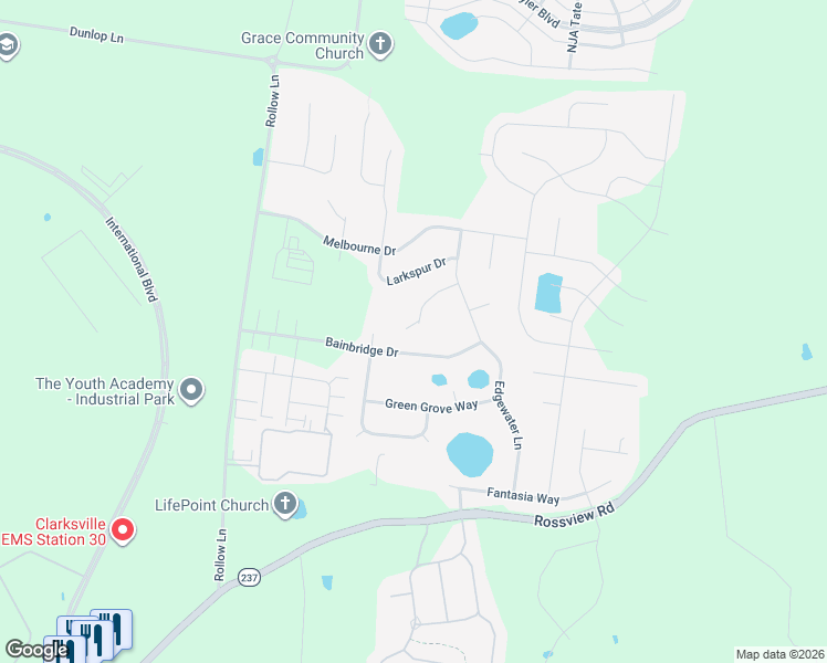 map of restaurants, bars, coffee shops, grocery stores, and more near 141 Bainbridge Drive in Clarksville