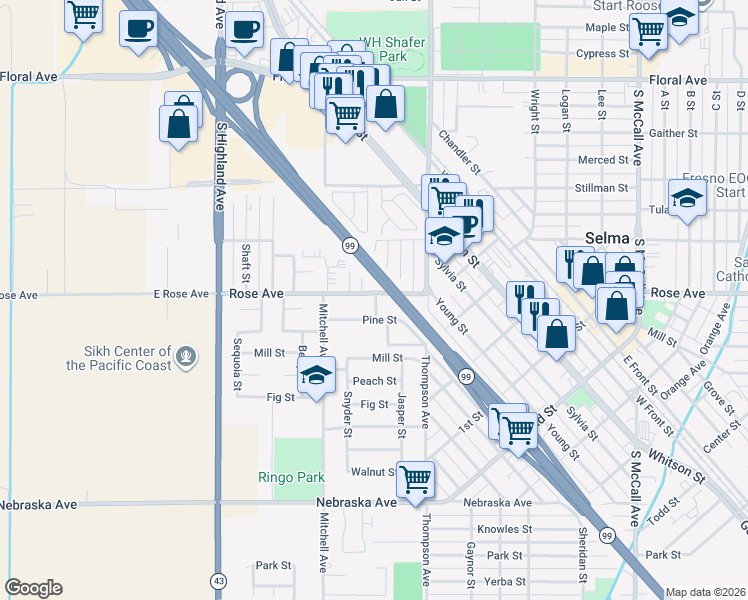 map of restaurants, bars, coffee shops, grocery stores, and more near 2383 Mason Street in Selma