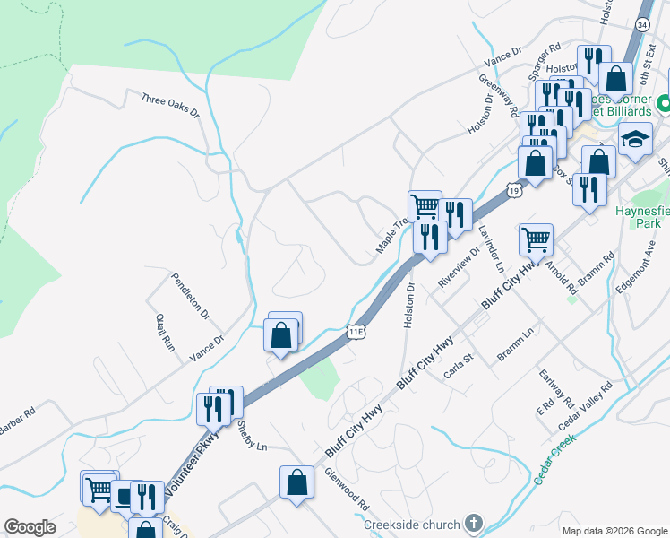 map of restaurants, bars, coffee shops, grocery stores, and more near 207 Maple Tree Drive in Bristol