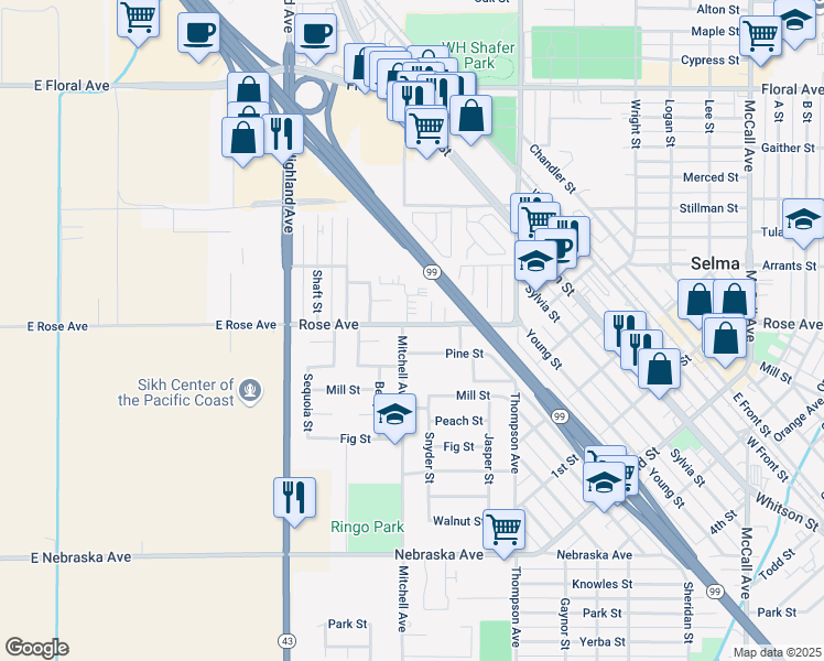 map of restaurants, bars, coffee shops, grocery stores, and more near 2667 Rose Avenue in Selma