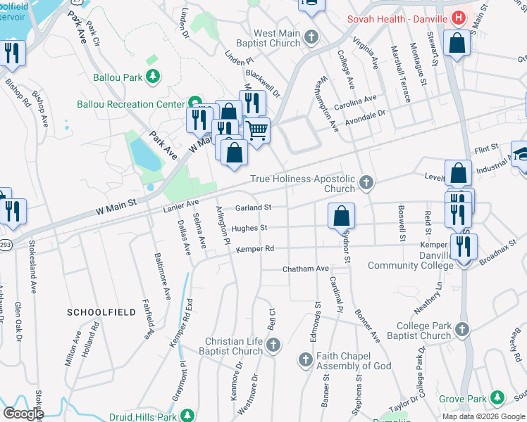 map of restaurants, bars, coffee shops, grocery stores, and more near 733 Garland Street in Danville