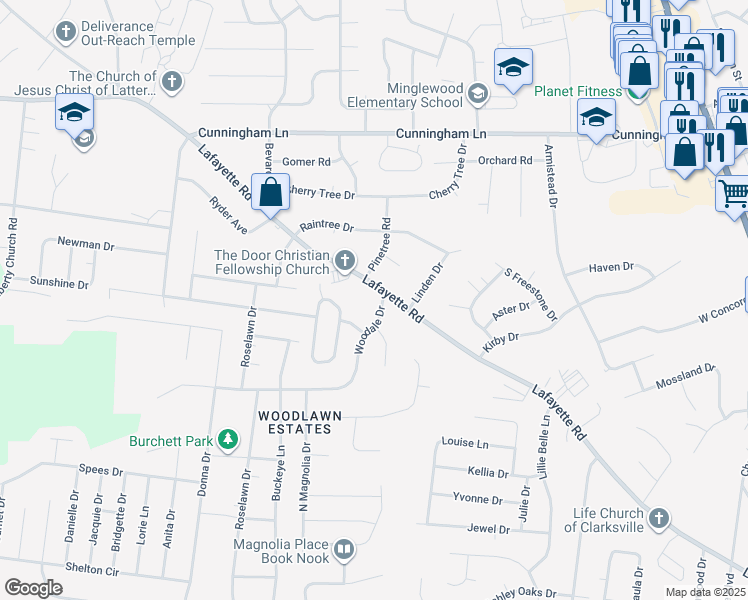 map of restaurants, bars, coffee shops, grocery stores, and more near 304 Woodale Drive in Clarksville