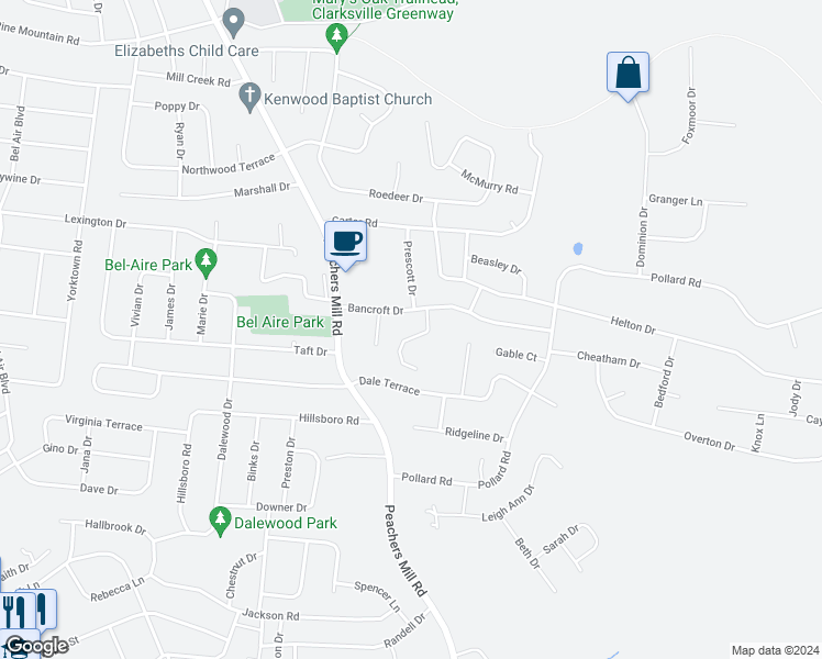 map of restaurants, bars, coffee shops, grocery stores, and more near 760 Bancroft Circle in Clarksville