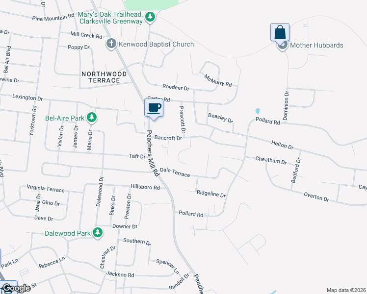 map of restaurants, bars, coffee shops, grocery stores, and more near 334 Bancroft Drive in Clarksville