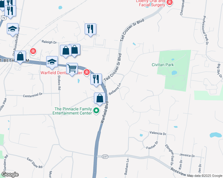 map of restaurants, bars, coffee shops, grocery stores, and more near 197 Roanoke Station Circle in Clarksville