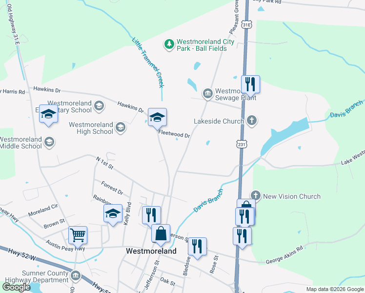 map of restaurants, bars, coffee shops, grocery stores, and more near 1321 Pleasant Grove Road in Westmoreland