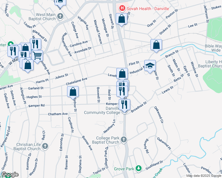map of restaurants, bars, coffee shops, grocery stores, and more near 611 Reid Street in Danville