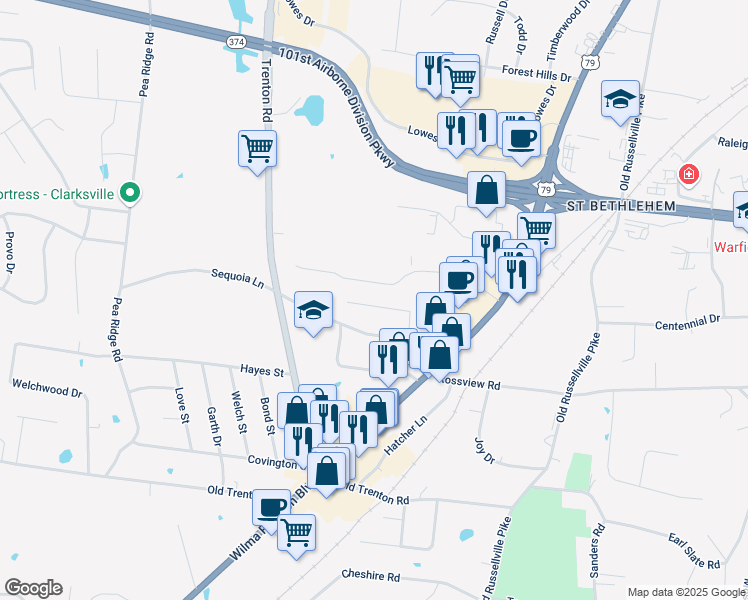map of restaurants, bars, coffee shops, grocery stores, and more near 200 Fairview Lane in Clarksville