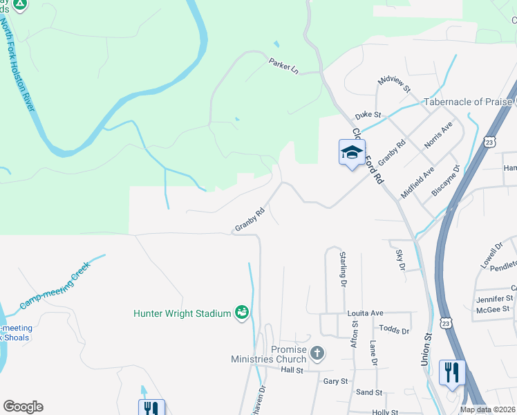 map of restaurants, bars, coffee shops, grocery stores, and more near 1571 Granby Road in Kingsport