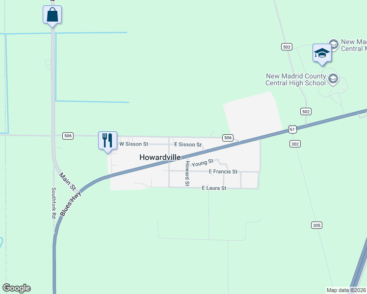 map of restaurants, bars, coffee shops, grocery stores, and more near 7472 U.S. 62 in New Madrid