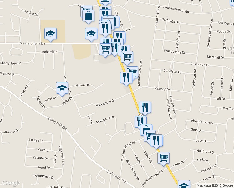 map of restaurants, bars, coffee shops, grocery stores, and more near 115 West Concord Drive in Clarksville