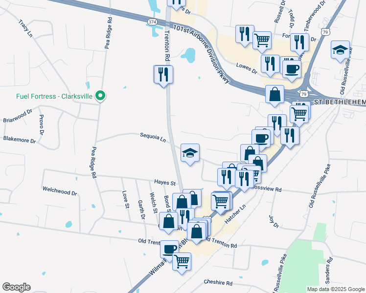 map of restaurants, bars, coffee shops, grocery stores, and more near 303 Fairview Lane in Clarksville