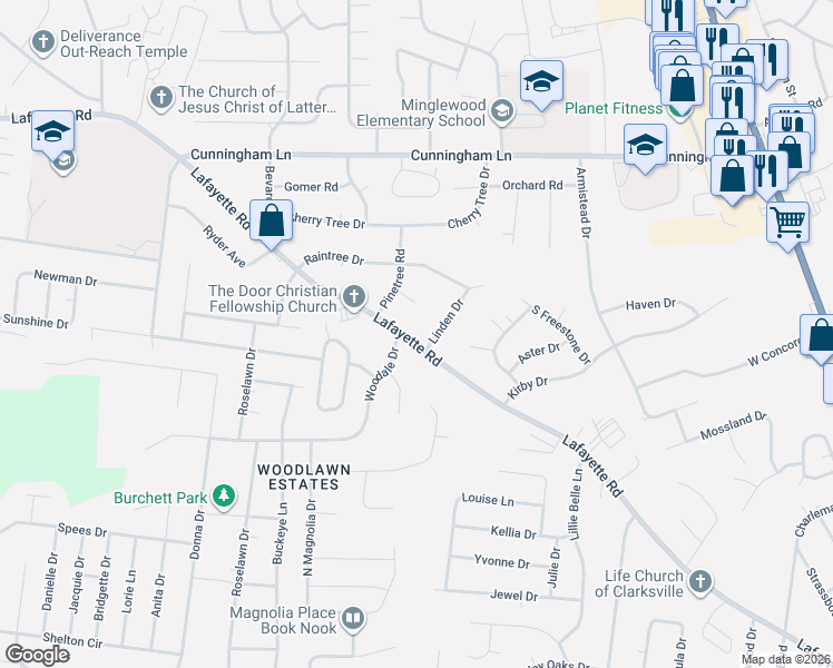 map of restaurants, bars, coffee shops, grocery stores, and more near 587 Lafayette Road in Clarksville