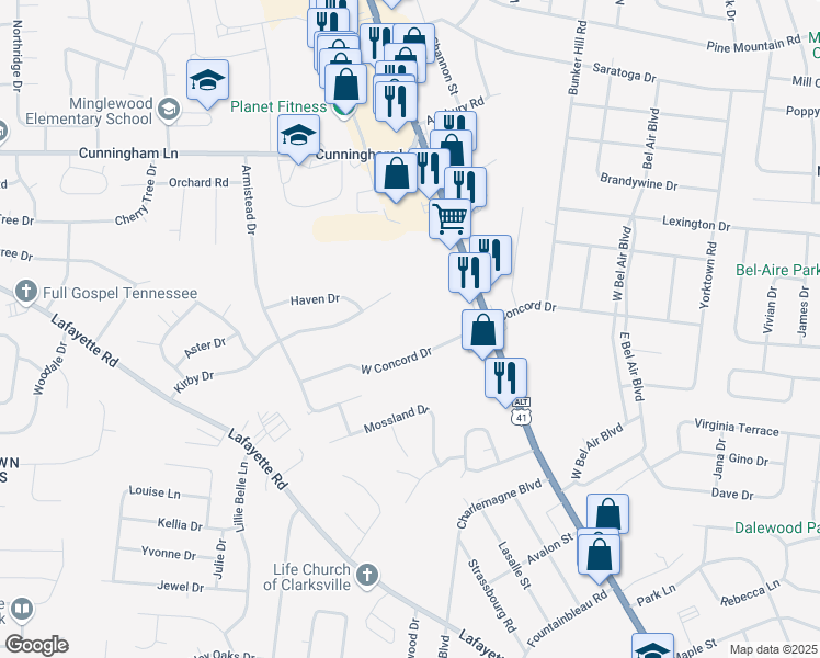 map of restaurants, bars, coffee shops, grocery stores, and more near 133 West Concord Drive in Clarksville