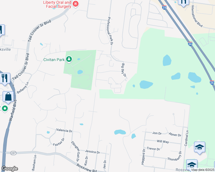 map of restaurants, bars, coffee shops, grocery stores, and more near 630 Snowshoe Lane in Clarksville