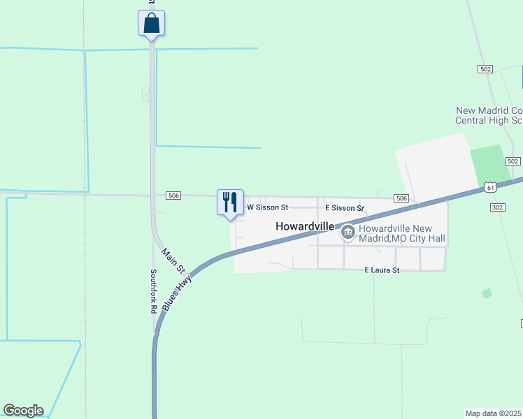 map of restaurants, bars, coffee shops, grocery stores, and more near 100-198 Sanders Street in New Madrid