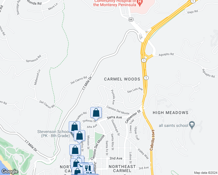 map of restaurants, bars, coffee shops, grocery stores, and more near 24332 San Juan Road in Carmel-by-the-Sea