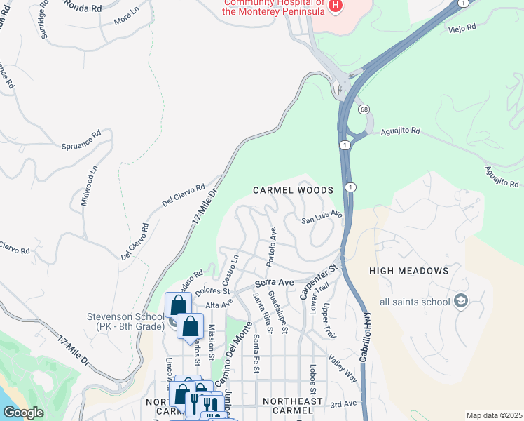 map of restaurants, bars, coffee shops, grocery stores, and more near 24332 San Juan Road in Carmel-by-the-Sea