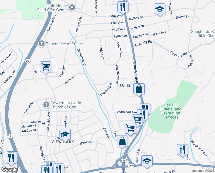 map of restaurants, bars, coffee shops, grocery stores, and more near 801 Burwind Court in Kingsport