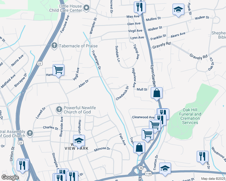 map of restaurants, bars, coffee shops, grocery stores, and more near 1004 Tranbarger Drive in Kingsport