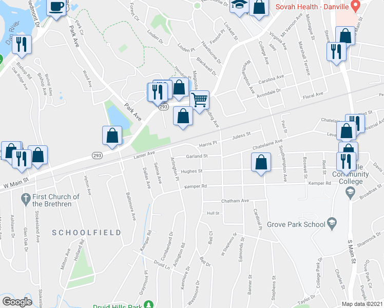 map of restaurants, bars, coffee shops, grocery stores, and more near 40 Garland Street in Danville