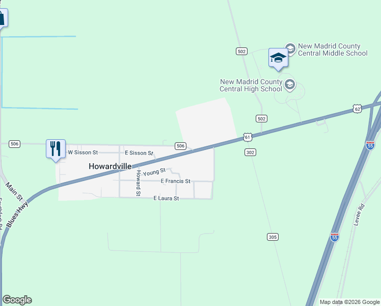 map of restaurants, bars, coffee shops, grocery stores, and more near 7472 U.S. 62 in New Madrid