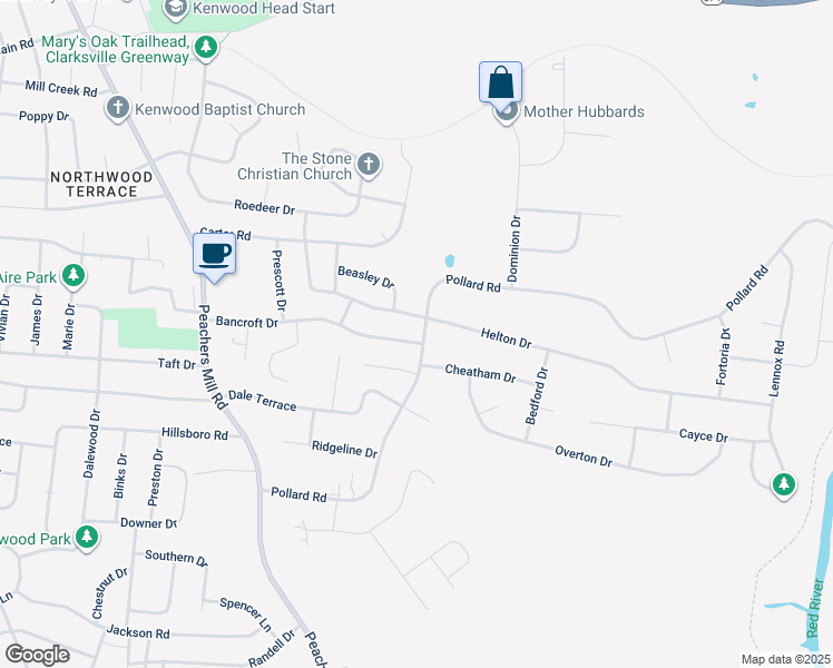 map of restaurants, bars, coffee shops, grocery stores, and more near 421 Bancroft Drive in Clarksville