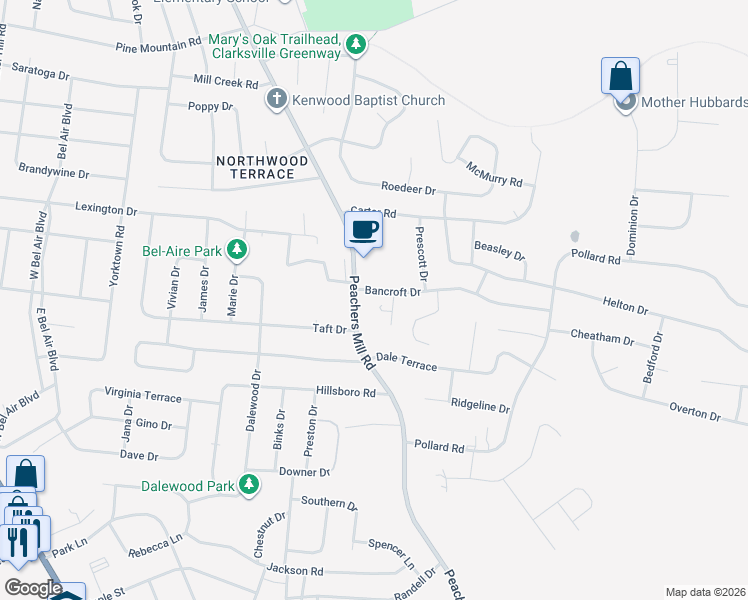 map of restaurants, bars, coffee shops, grocery stores, and more near 753 Peachers Mill Road in Clarksville