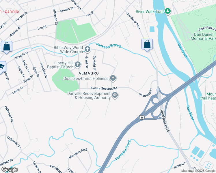 map of restaurants, bars, coffee shops, grocery stores, and more near 243 Future Seeland Road in Danville